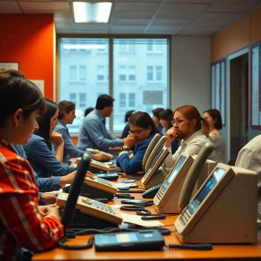 Busy language school reception desk with ringing phones and queued messages