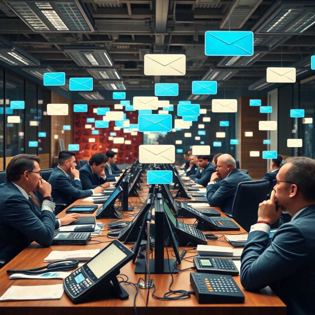 A bustling consulting office filled with buzzing phones emitting message icons