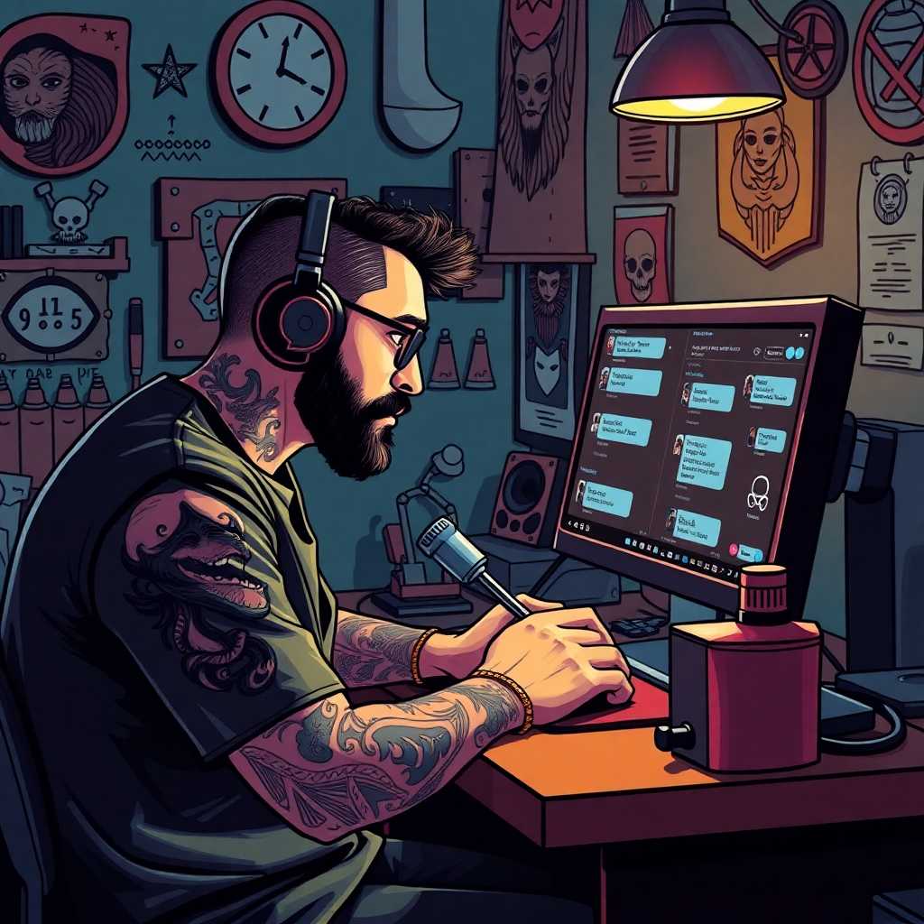 Illustration of a Tattoo Artist Managing Messages from a Desktop Portal