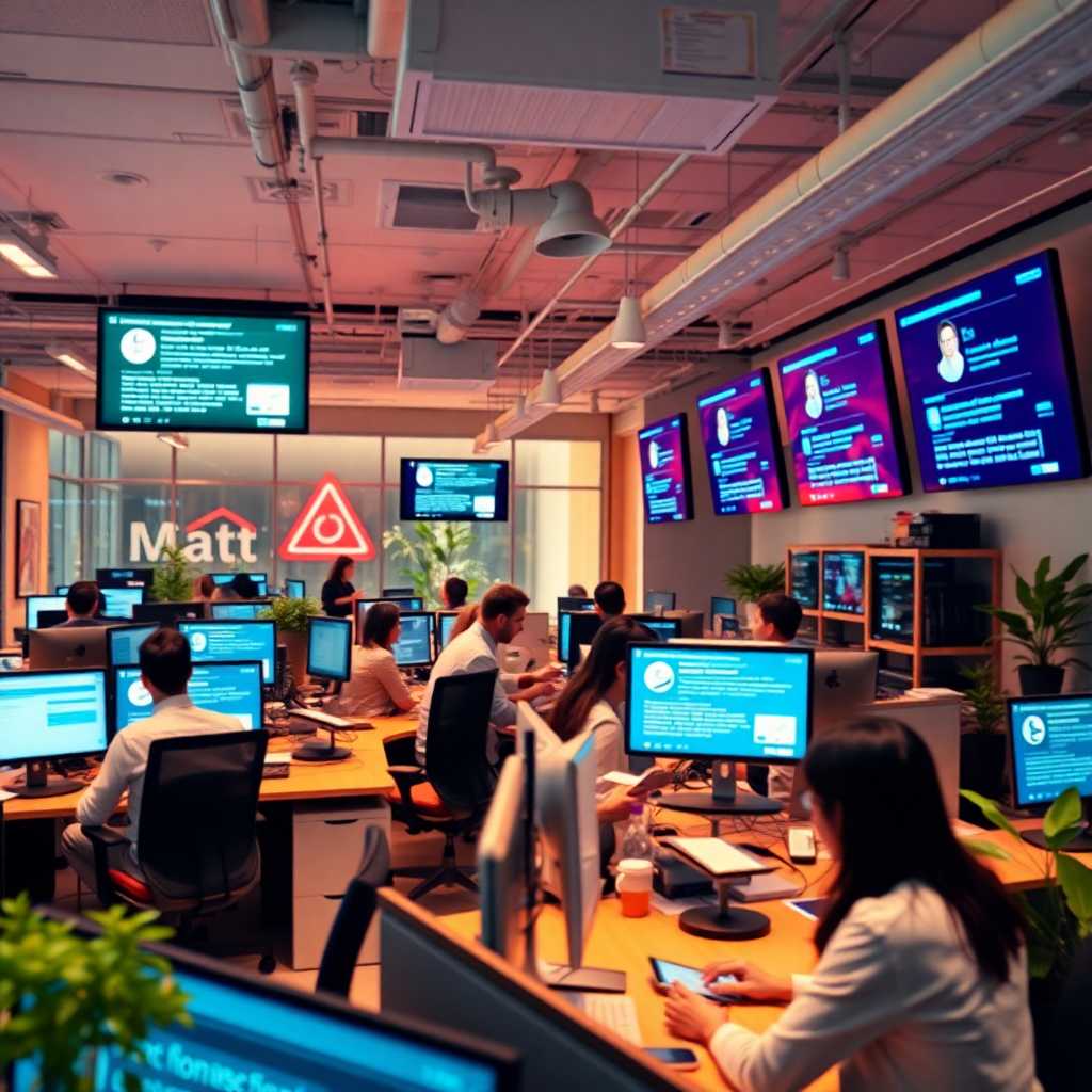 A bustling Smart Home Installation office with screens showing automated responses. Caption: Experience uninterrupted business growth with streamlined inquiries and smart solutions.