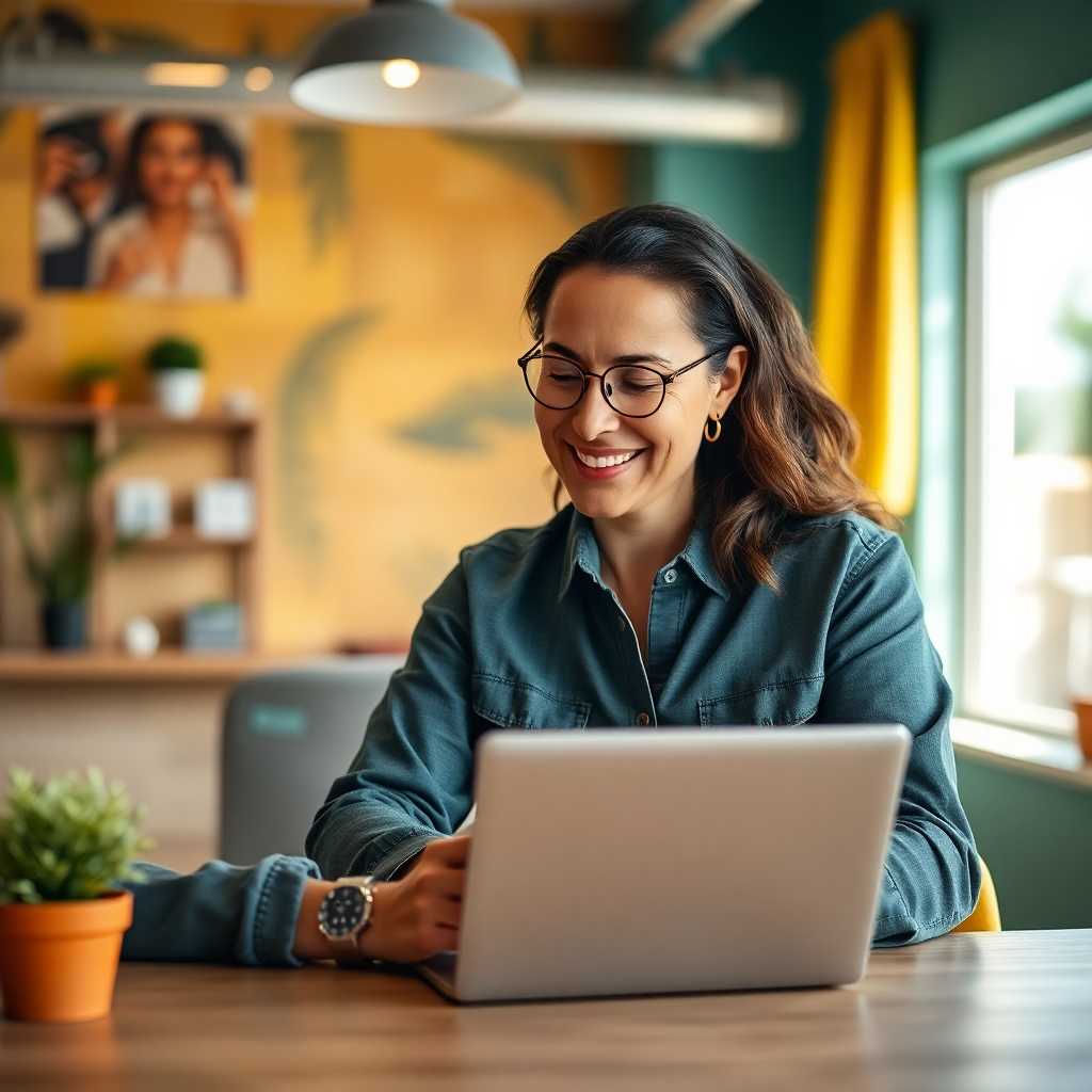 A satisfied wellness center owner reviewing a laptop displaying customer satisfaction metrics