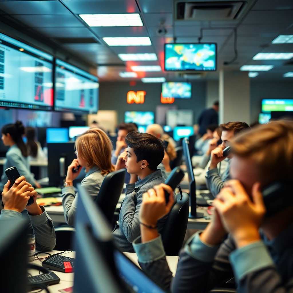 A bustling office atmosphere with phones ringing and screens flashing notifications.