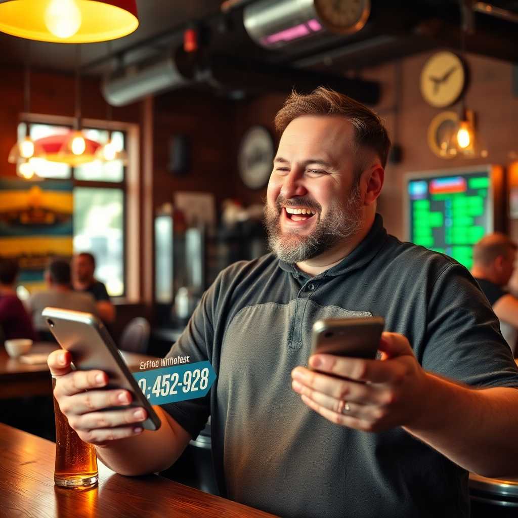 Brewpub owner celebrating after reading impressive sales numbers on their device.