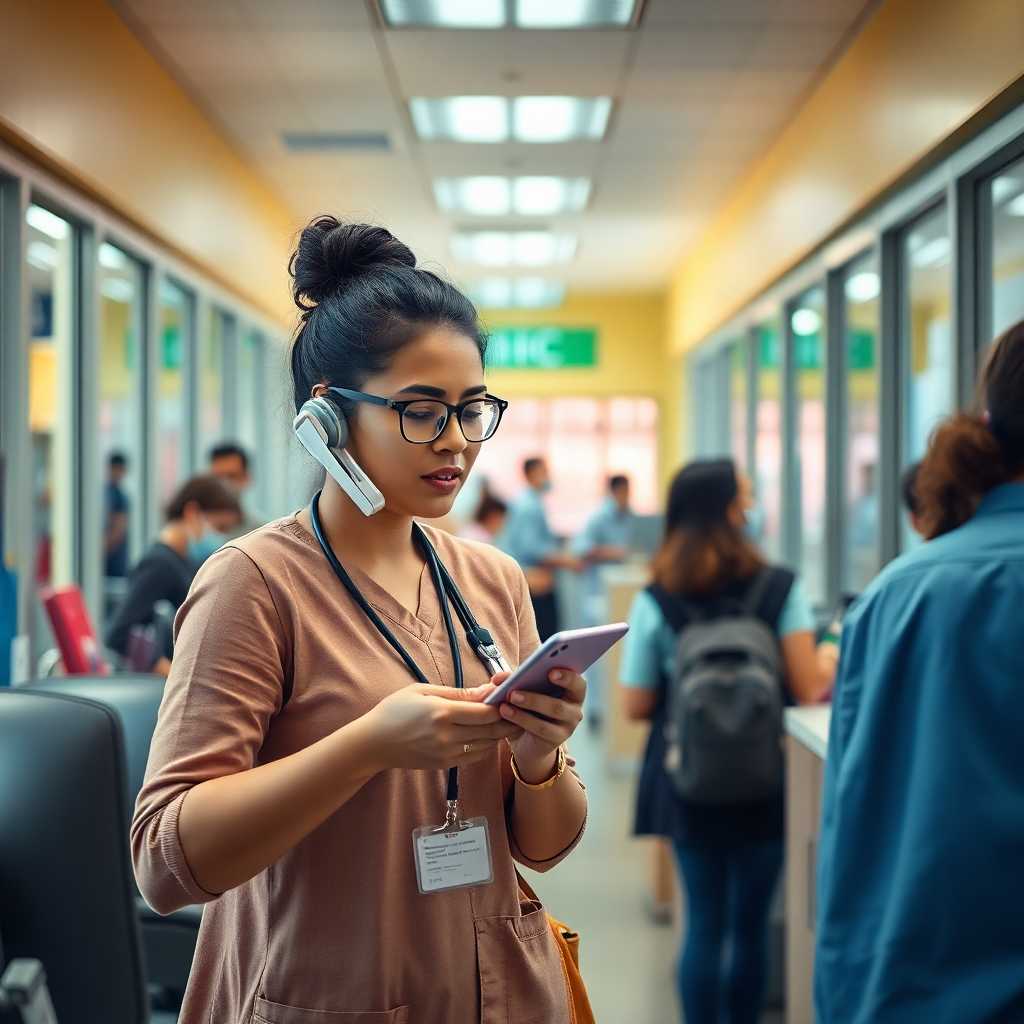 A bustling clinic staff member struggles to juggle physical customers and incoming calls