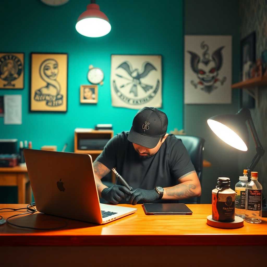 Tattoo Artist in Studio with Laptop on Desk