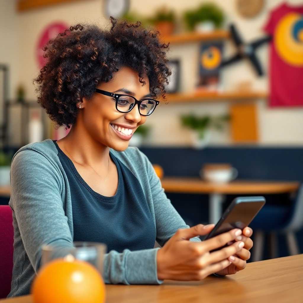 A happy client checking their phone after receiving a nutrition consultation reminder