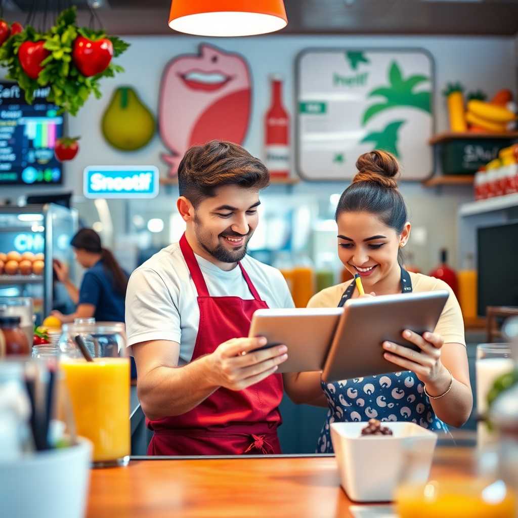 A busy smoothie bar with a friendly attendant looking at an SMS notification on a tablet.