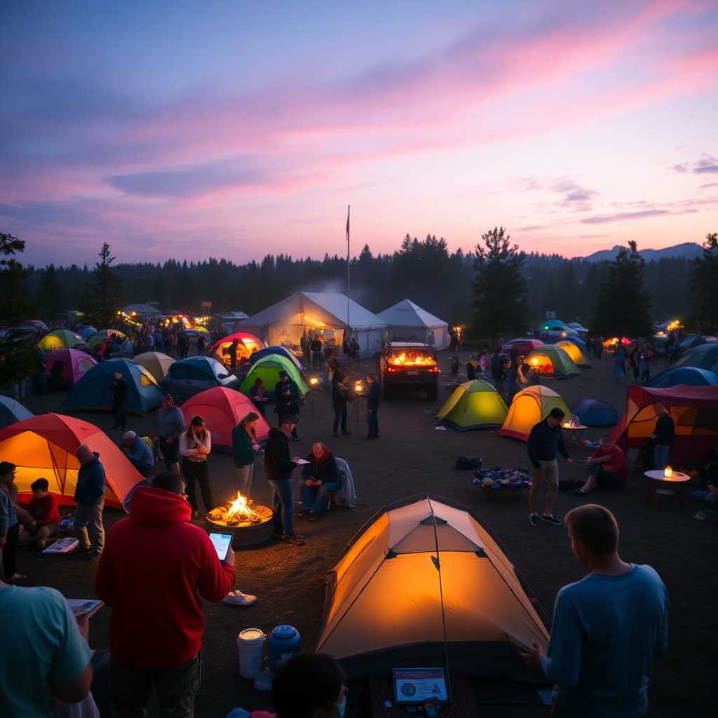 Campground bustling with activity and numerous incoming texts.