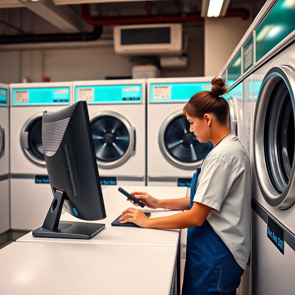 A laundromat staff using a desktop to manage SMS