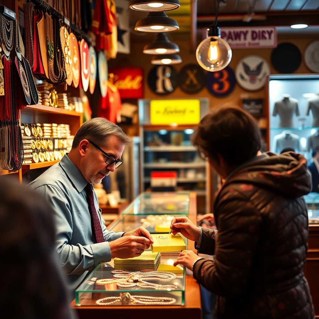 Pawn shop professional examining jewelry and engaging with customers