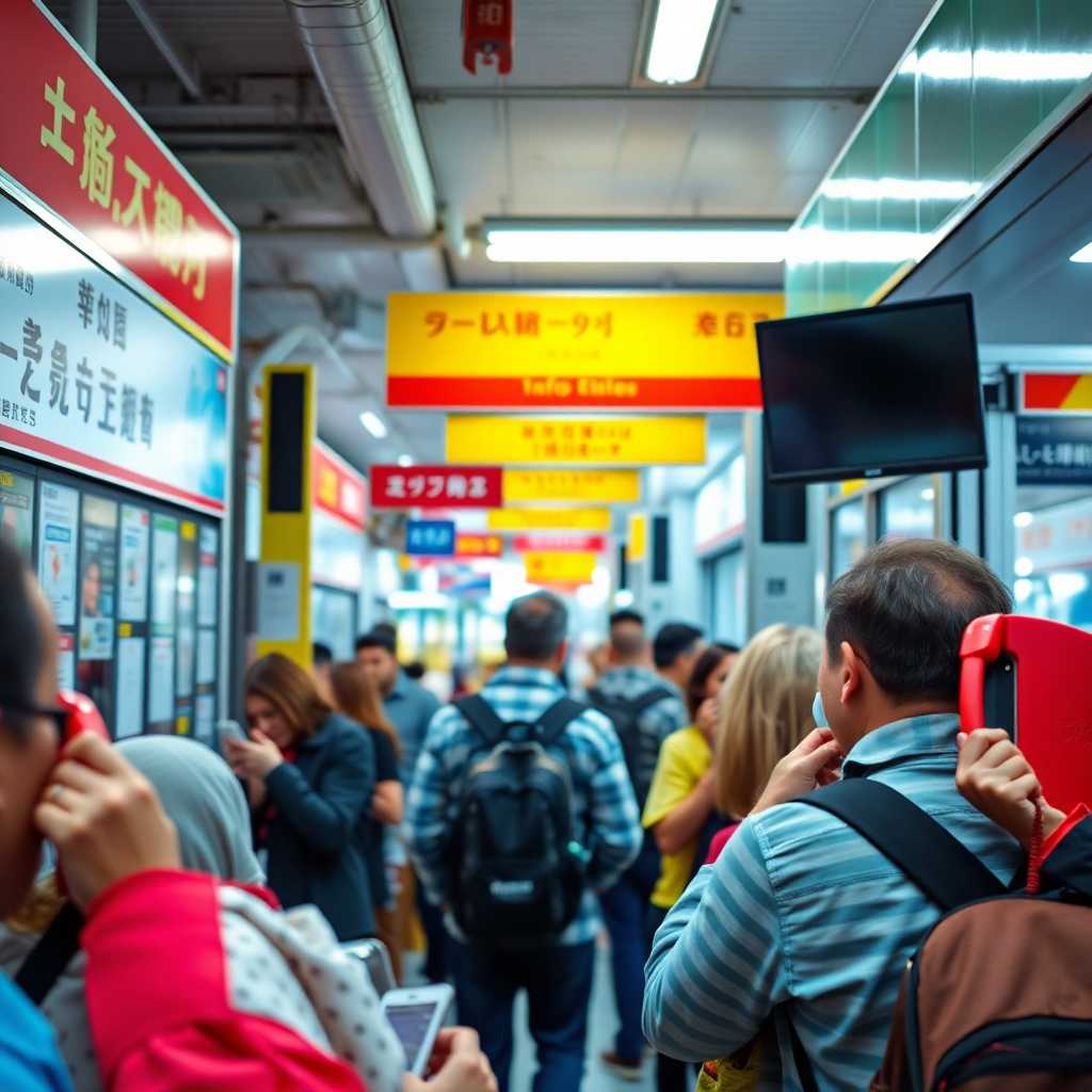 A bustling tourist info center with ringing phones