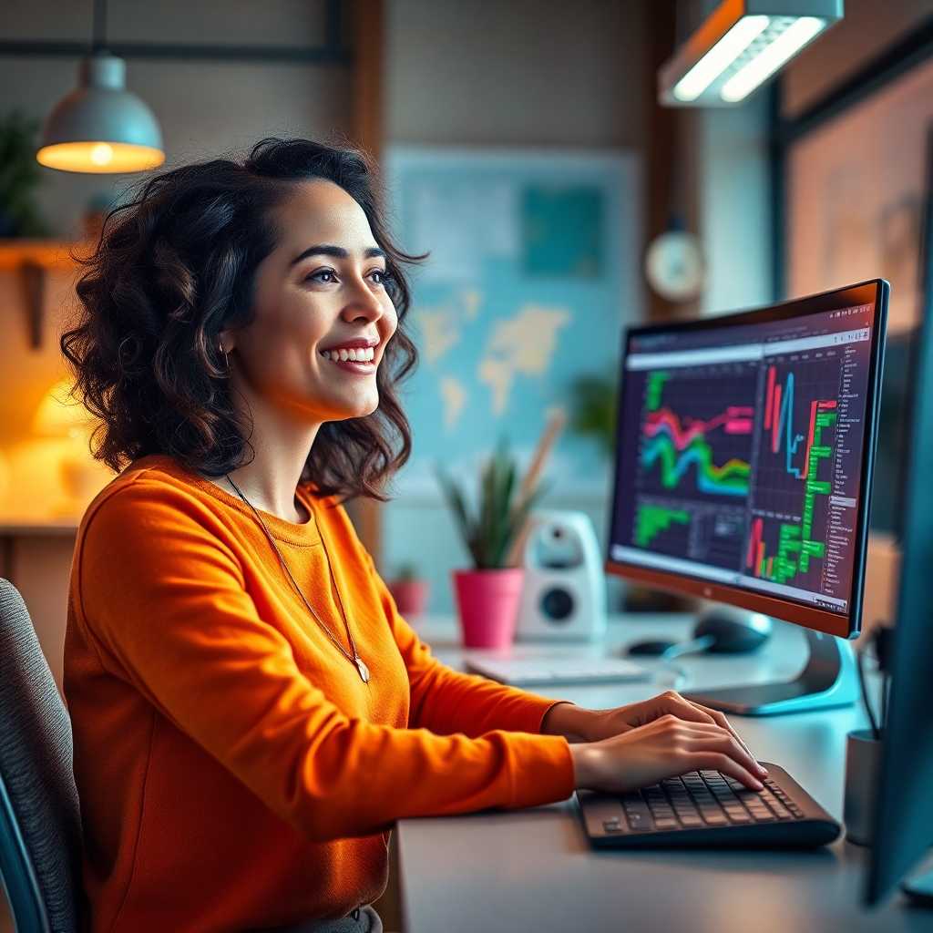 A designer looking satisfied at her workstation, overseeing project schedules