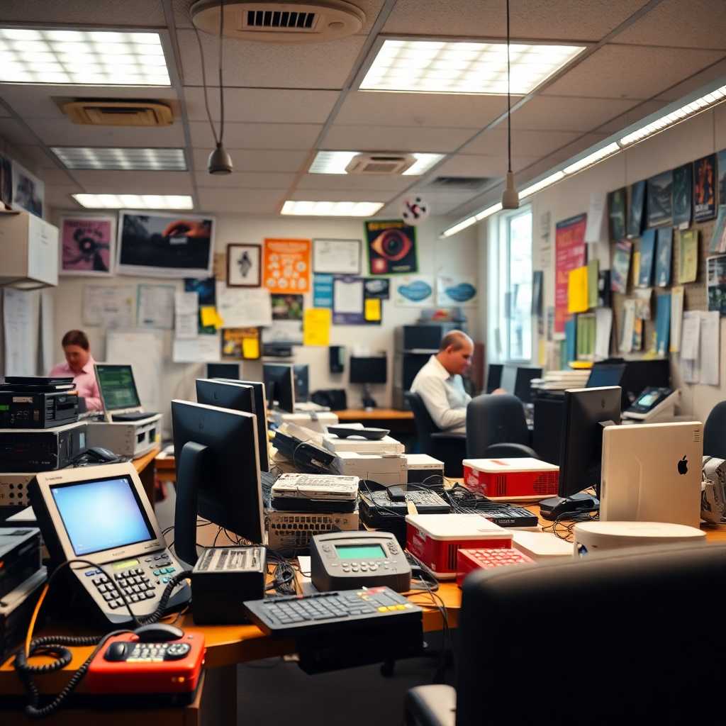 Busy electronics service office with scattered tech gadgets and ringing phones