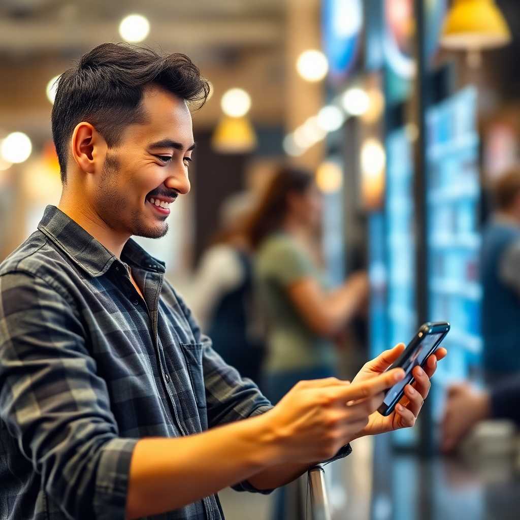 Customer reviewing their positive interaction on their smartphone.