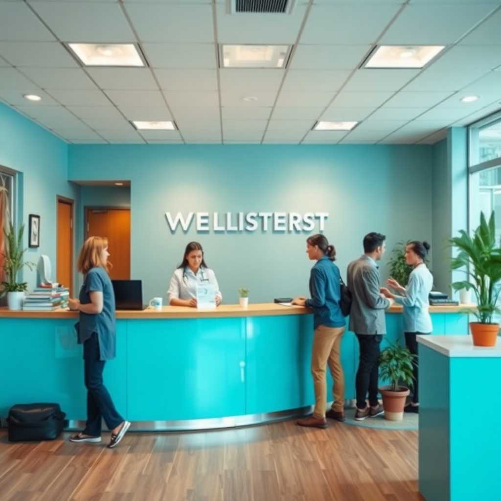 Lively Wellness Center Reception with Staff Handling Multiple Tasks