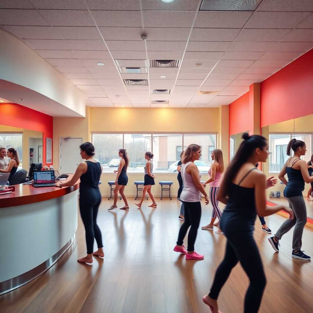 Dance studio with busy front desk and active customers