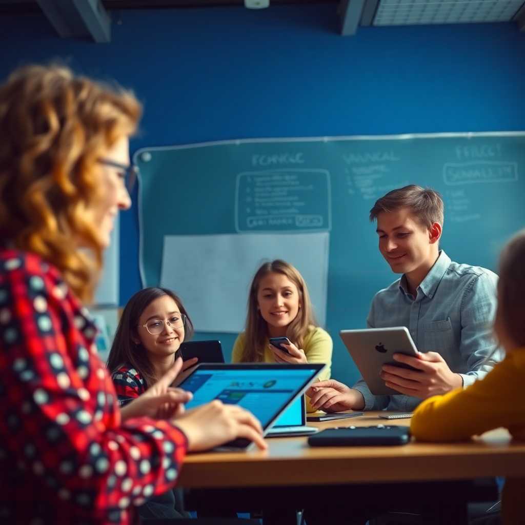 A teacher and students engaged in a conversation with digital tools.