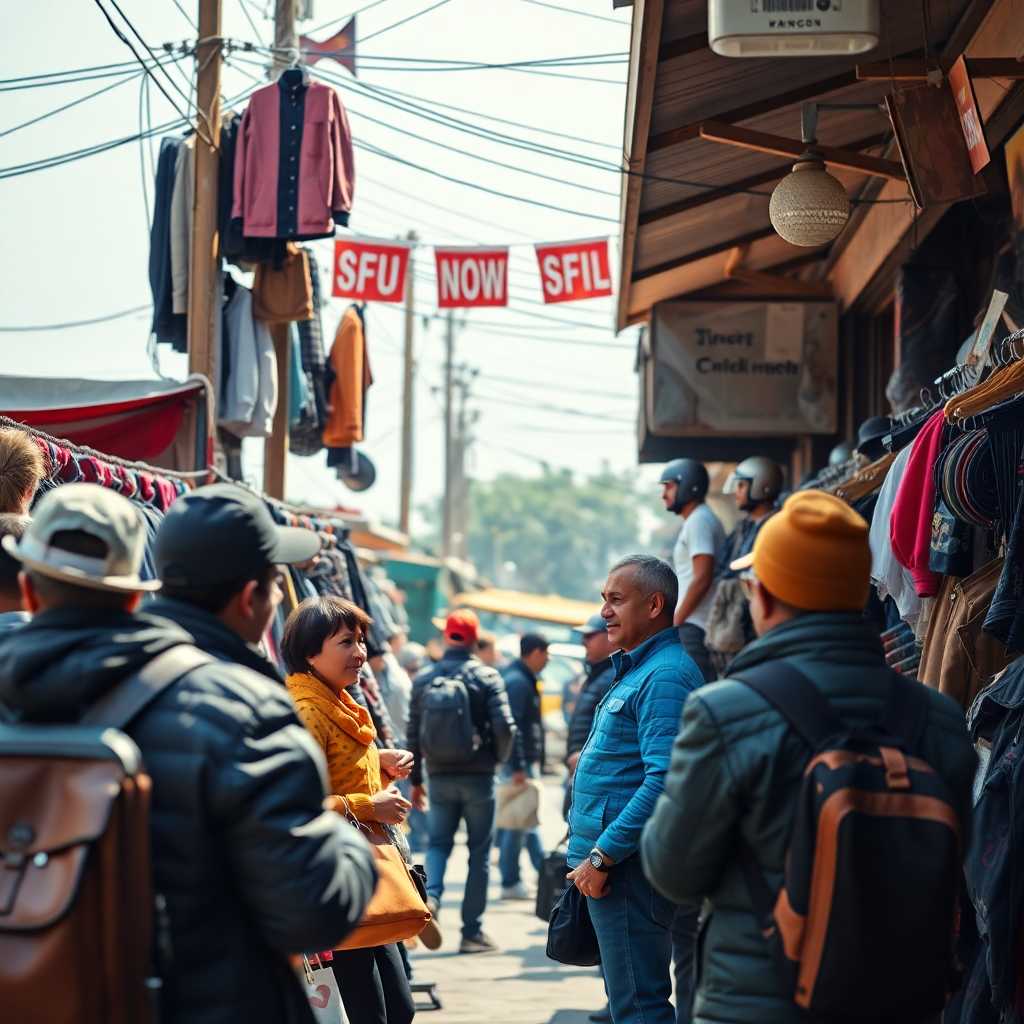 A bustling outdoor outfitting shop with customers engaging, implying the need for communication efficiency.