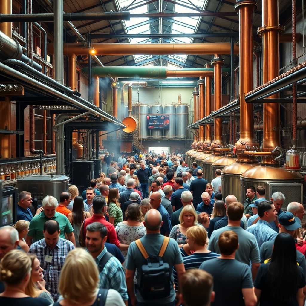 A crowded distillery floor showcasing bustling visitor interactions.