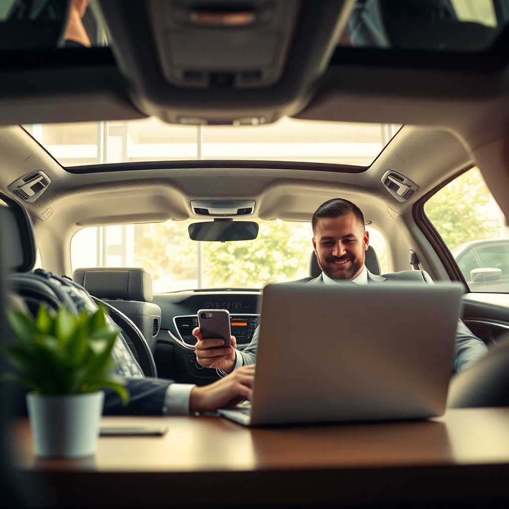 An office setting with a relaxed chauffeur business owner reviewing automated SMS responses on a laptop