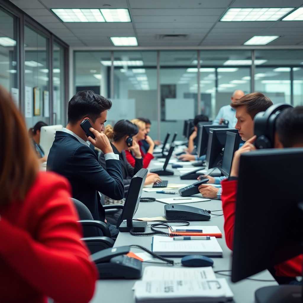Busy office handling phone calls and messages