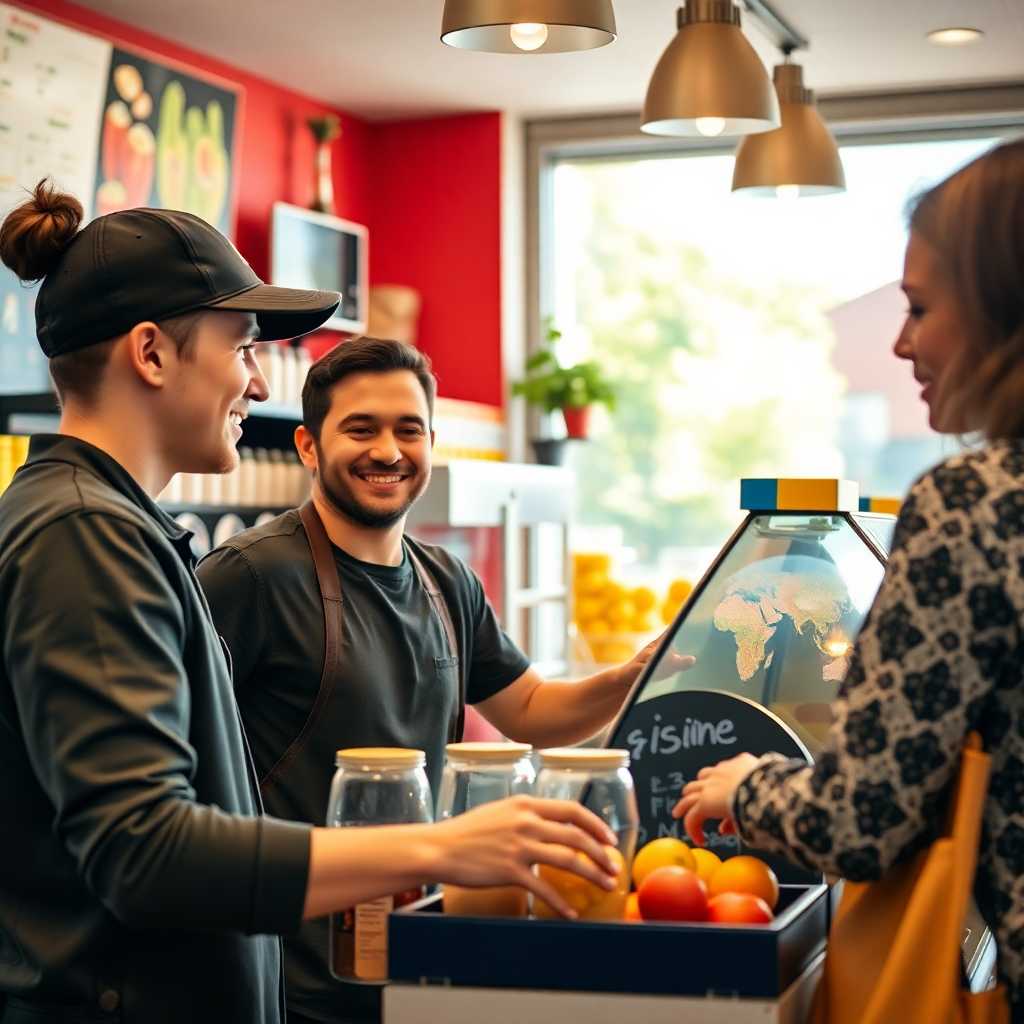 A friendly smoothie shop employee helping a customer with an order.