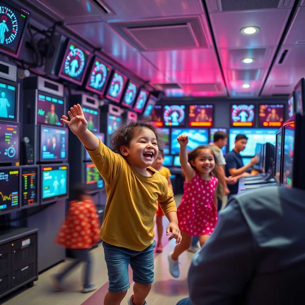 Children playing joyfully in a monitored, automated system; the owner watches notifications.