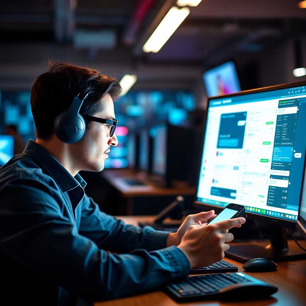 Employee monitoring SMS interactions at a desktop
