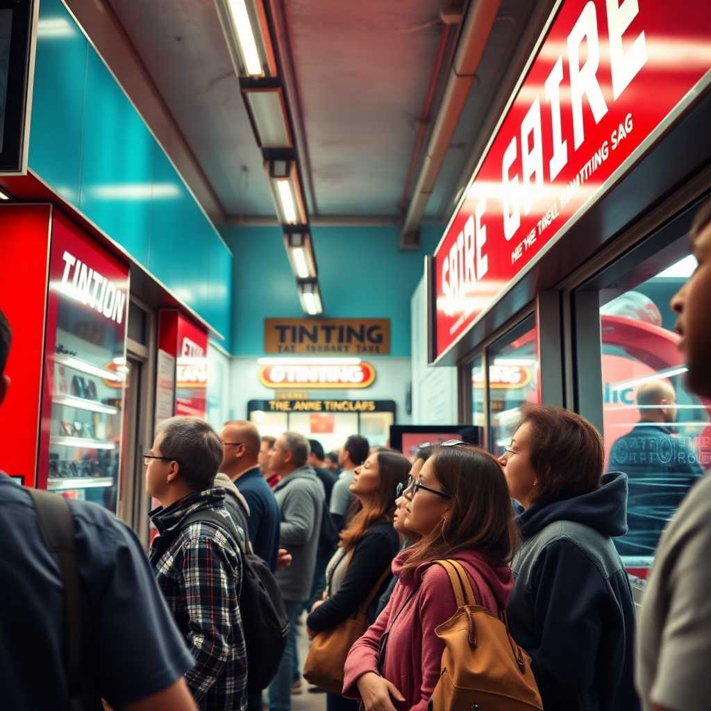Customers eagerly awaiting service at a bustling tinting shop.