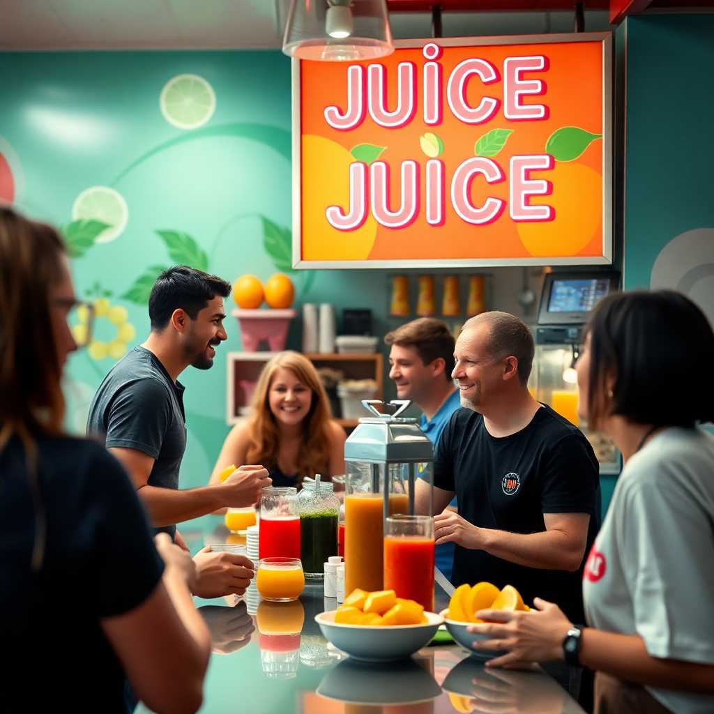 Thriving juice bar with happy customers served promptly