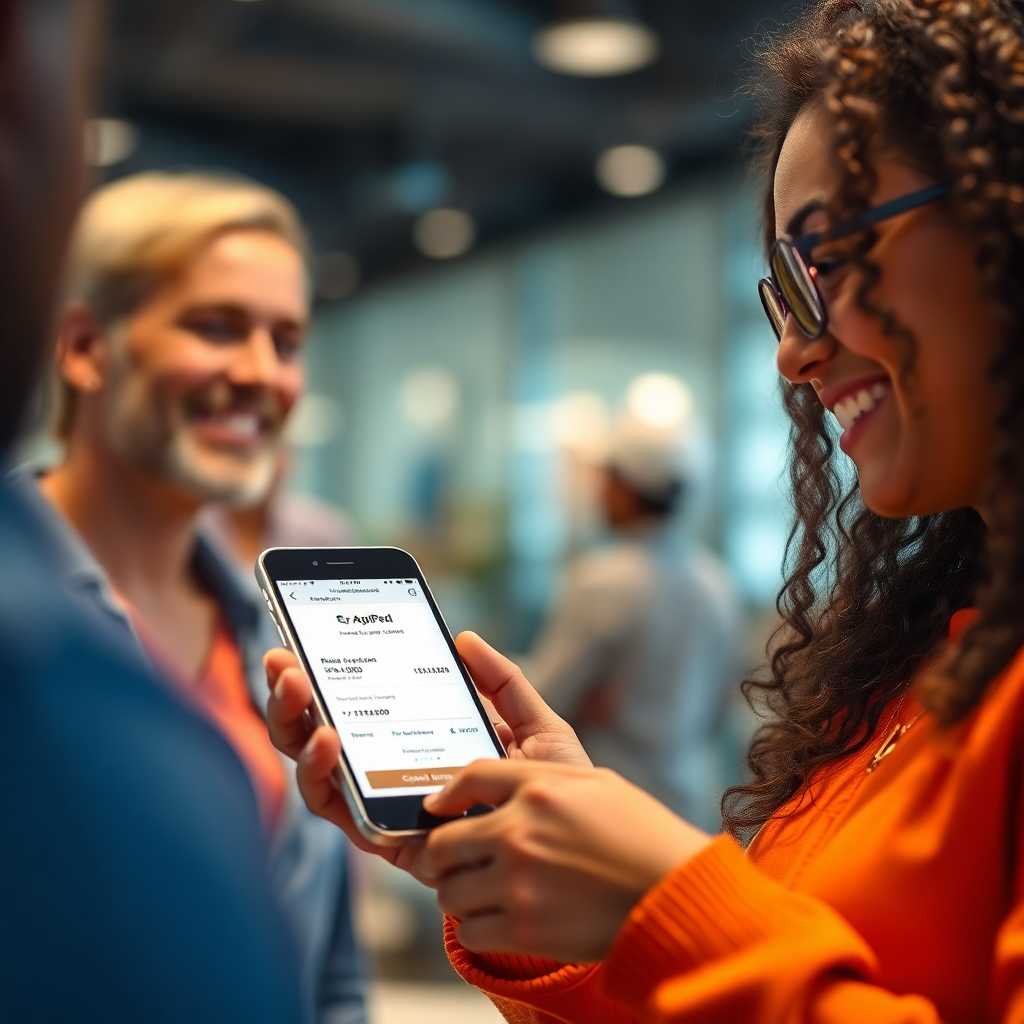 A happy client receiving a smooth online transaction confirmation via their mobile device.