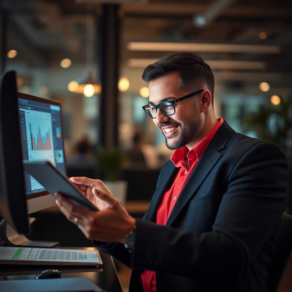 Happy business owner examining automated reports using TextSupport