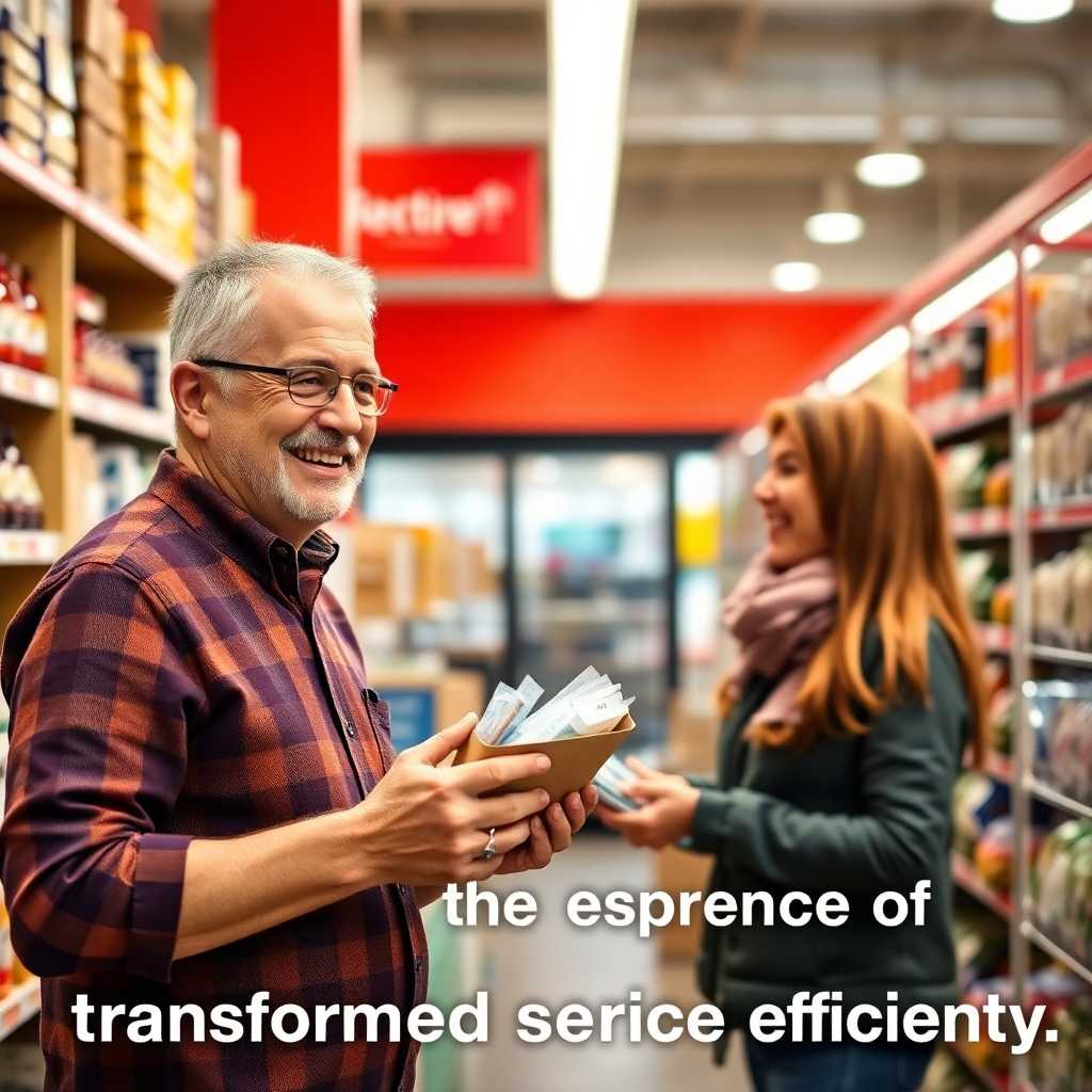 Image of Carl in his store with a satisfied customer, items in hand. Caption: ‘Celebrate the experience of transformed service efficiency.’