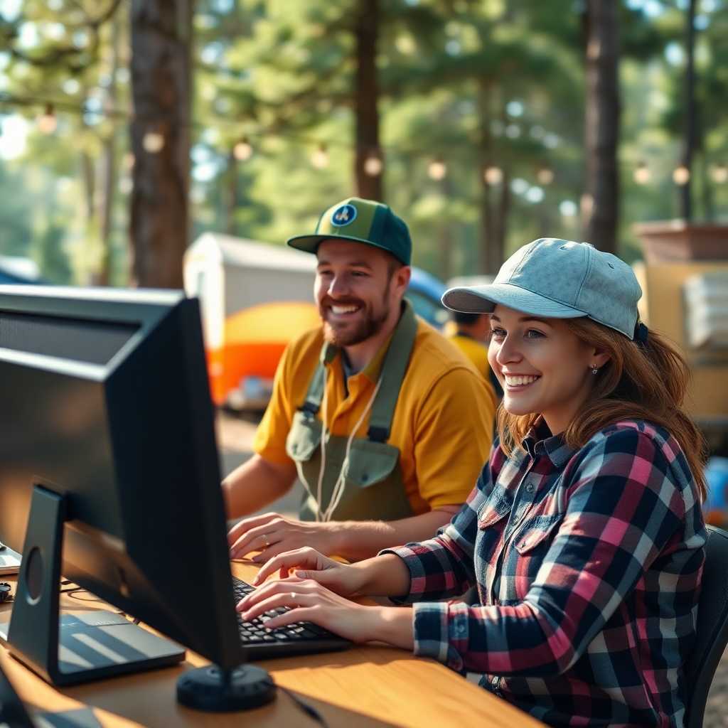 Campground staff happily monitoring incoming text inquiries on a desktop.