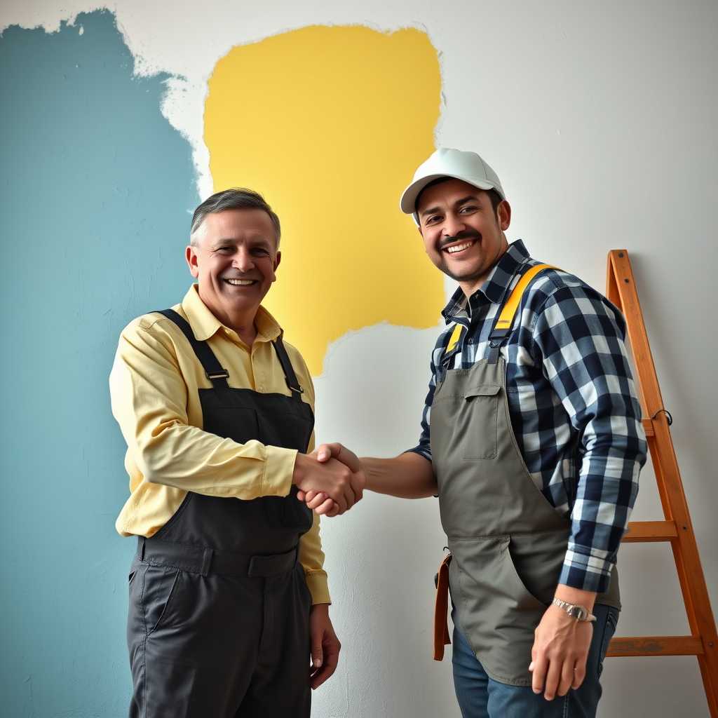 Customer shaking hands with a handyman in front of a freshly repaired and painted wall, both smiling