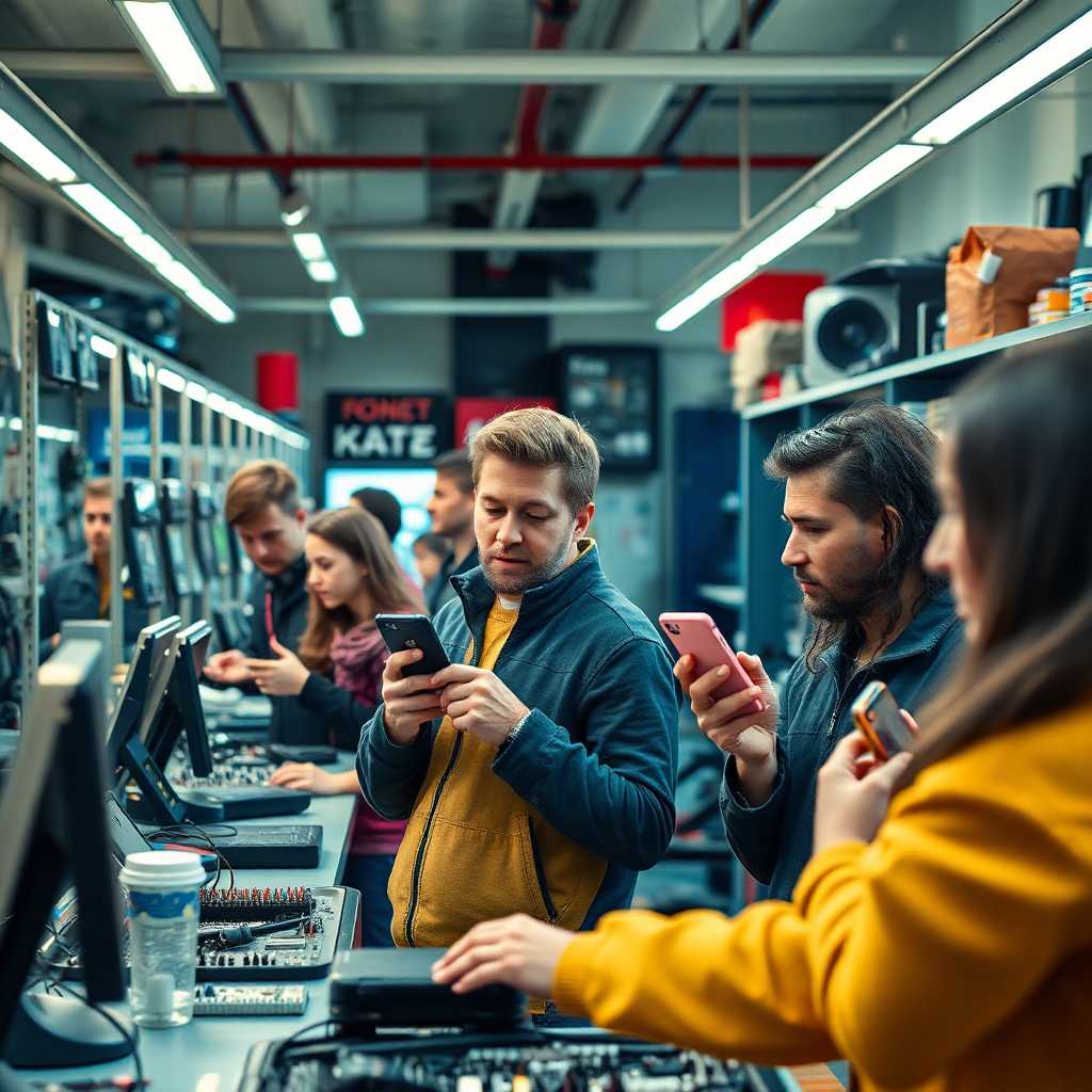 Eager customers in an organized repair shop environment with phones in hand