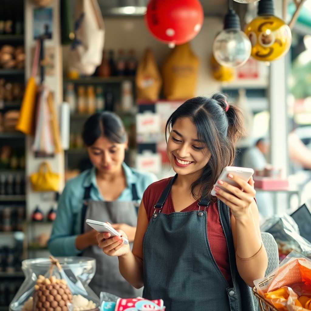 A happy shop owner with family, checking her texts on a break.
