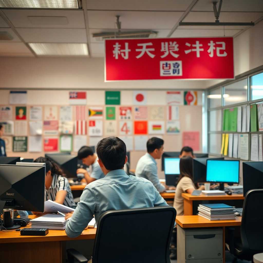 A busy language school office managing multiple inquiries simultaneously.