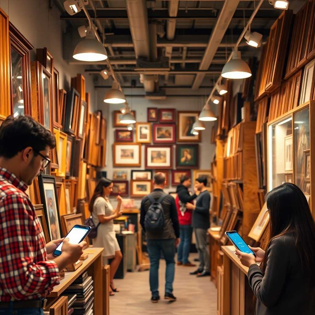 A bustling custom frame shop with customers texting questions, underlining TextSupport Sales PRO benefits.