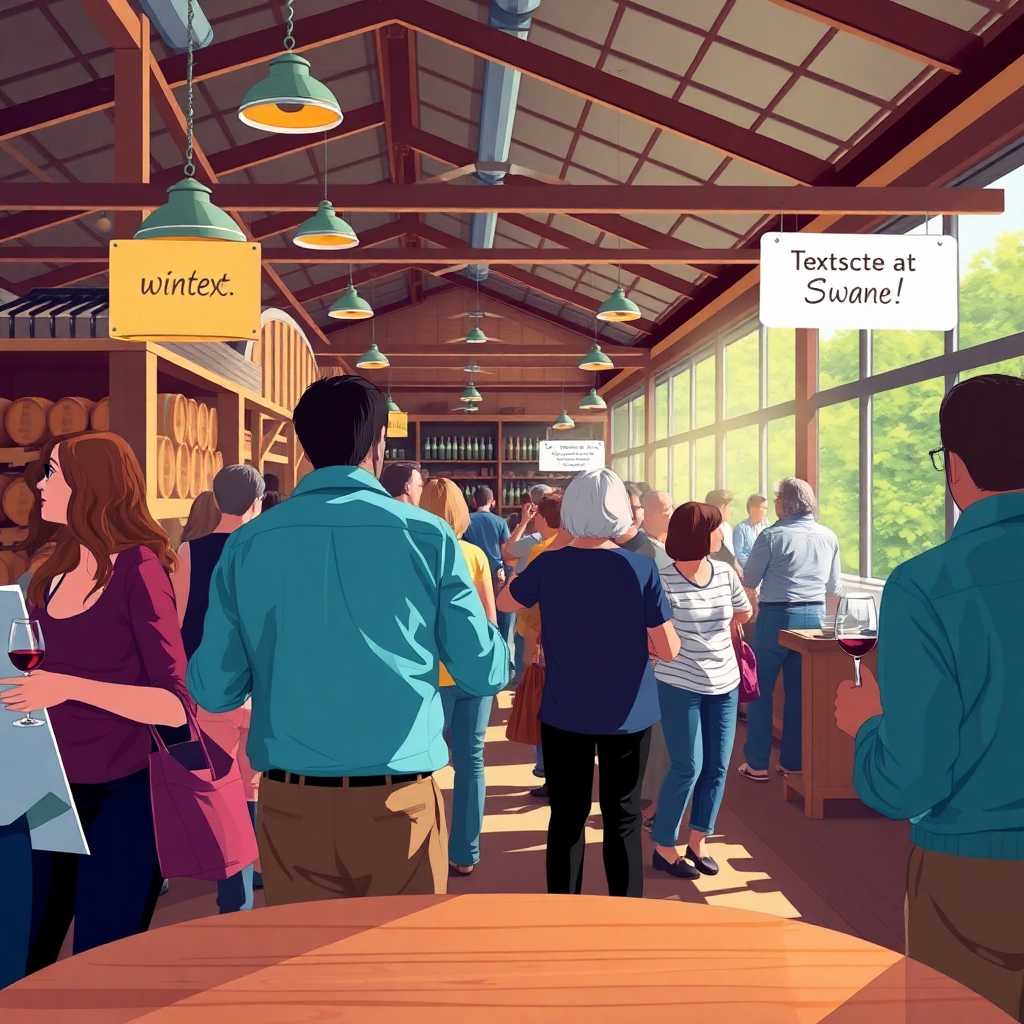 Illustration of a crowded winery on a busy day, capturing customer flow and text inquiries.