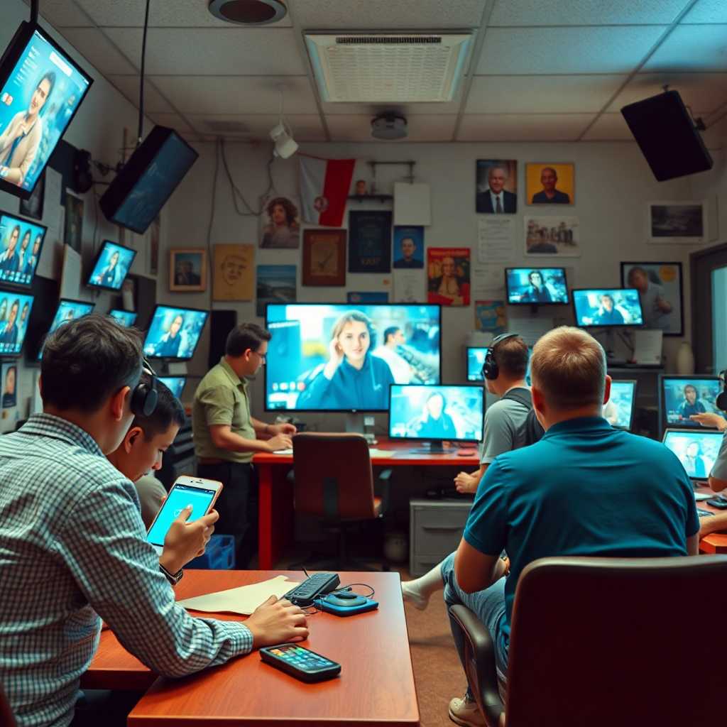 A local video studio brimming with activity as calls and texts flood in.