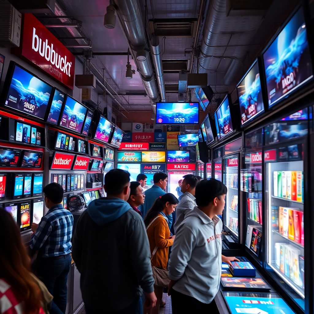 A Mobile Electronics shop bustling with customers and flashing screens