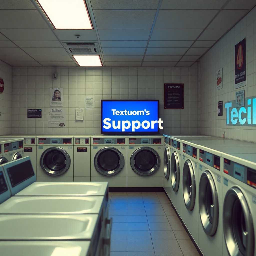 A laundromat with the TextSupport interface on a screen