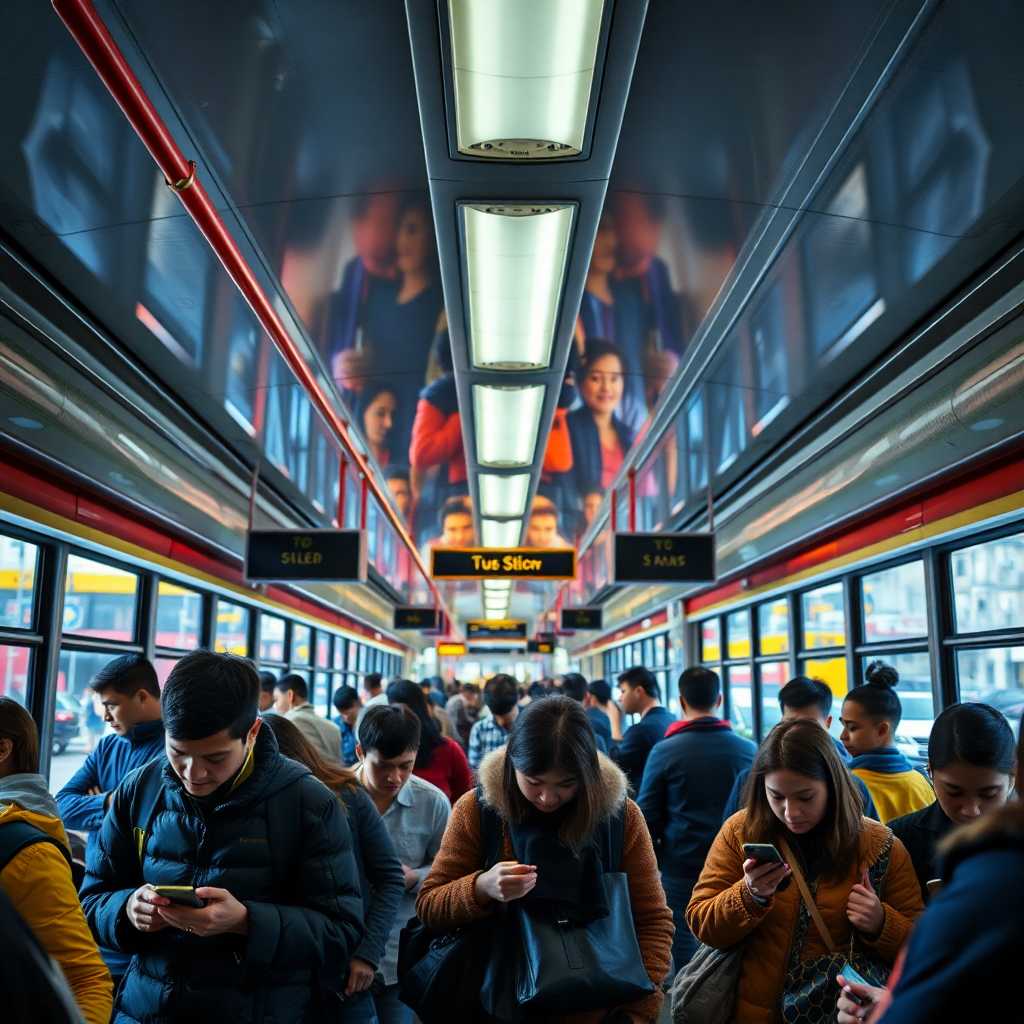 Interior of a bustling bus station with customers texting.
