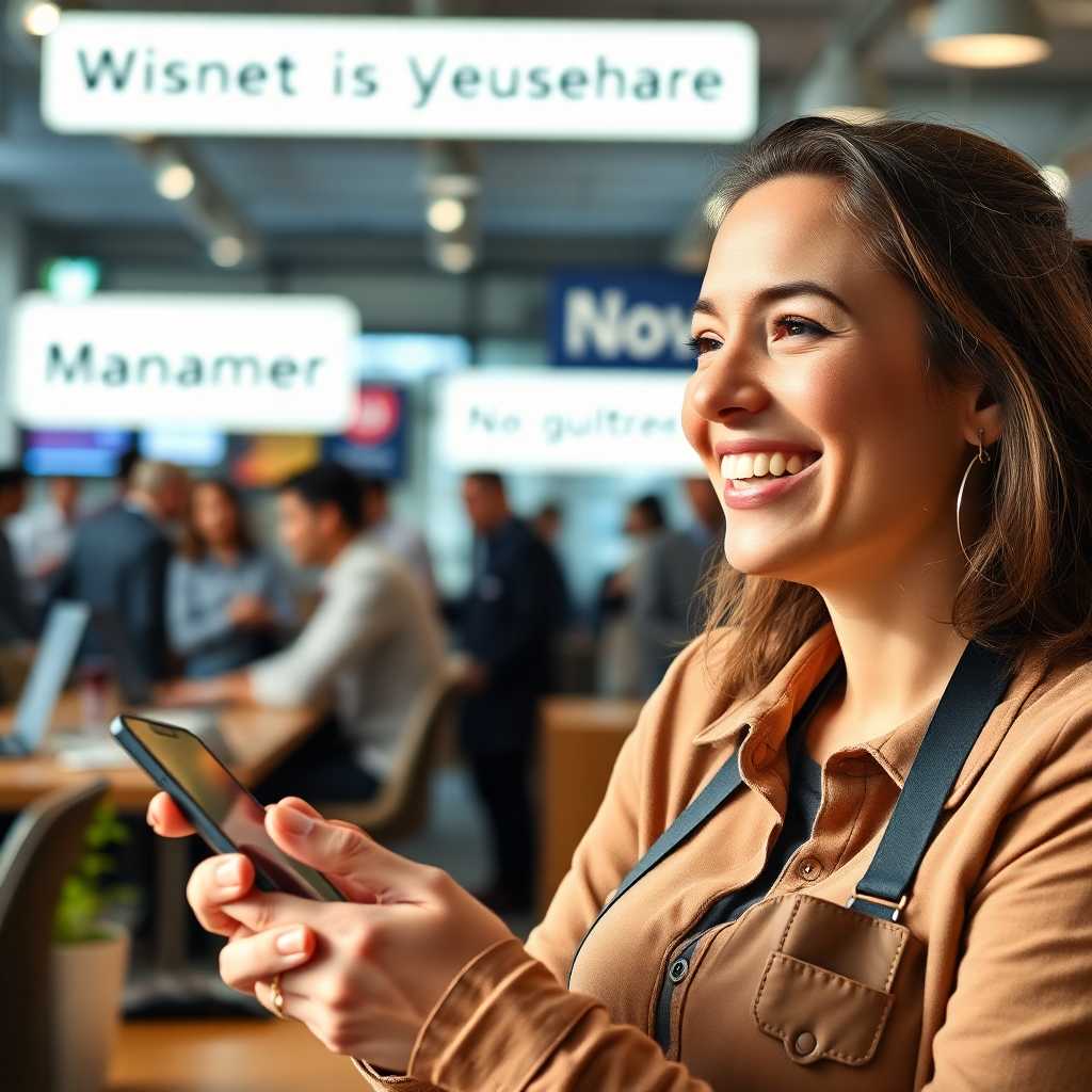 A business owner smiling with a phone, messages reflecting successful management