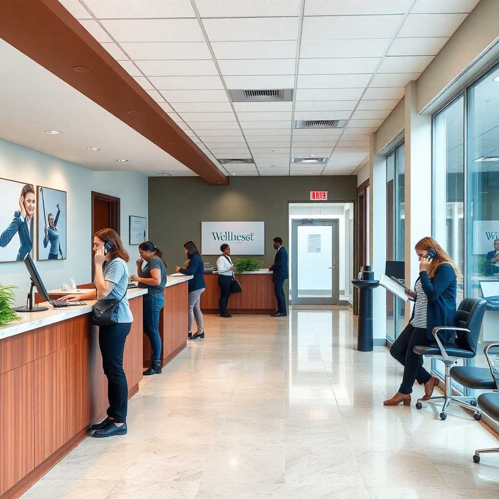 A busy wellness center lobby with receptionists handling multiple phone calls