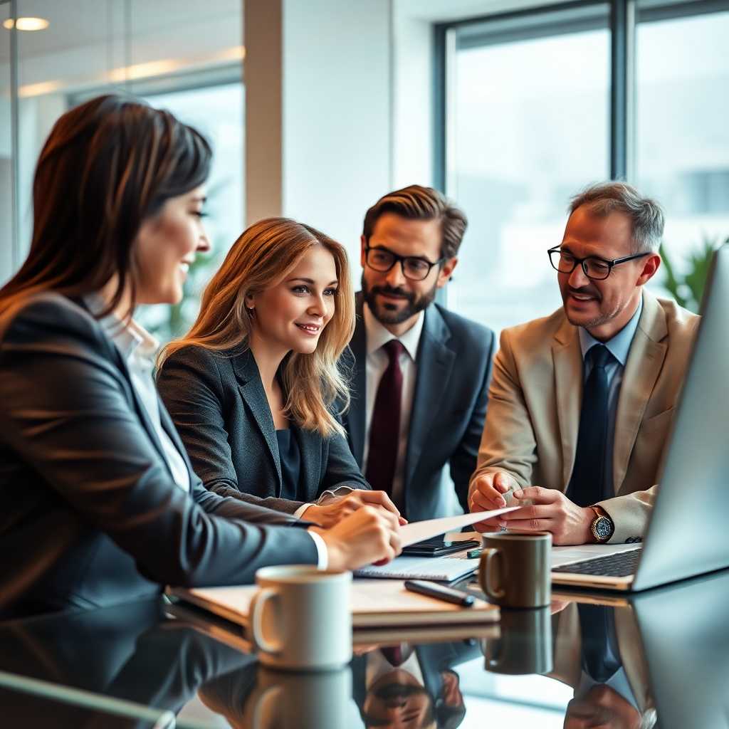 Consultants collaborating on efficient client response strategies in a modern office.