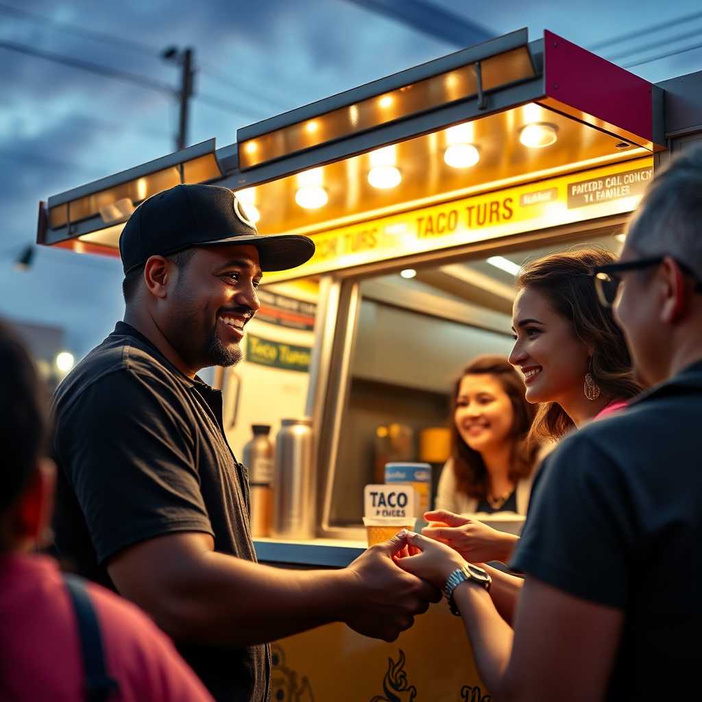A satisfied taco truck operator engaging with happy customers.