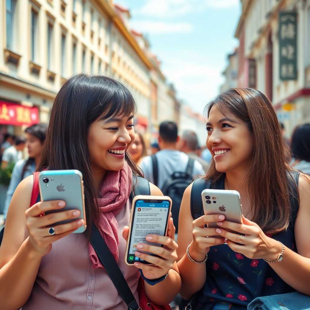 Satisfied tourists with translated messages on their phones