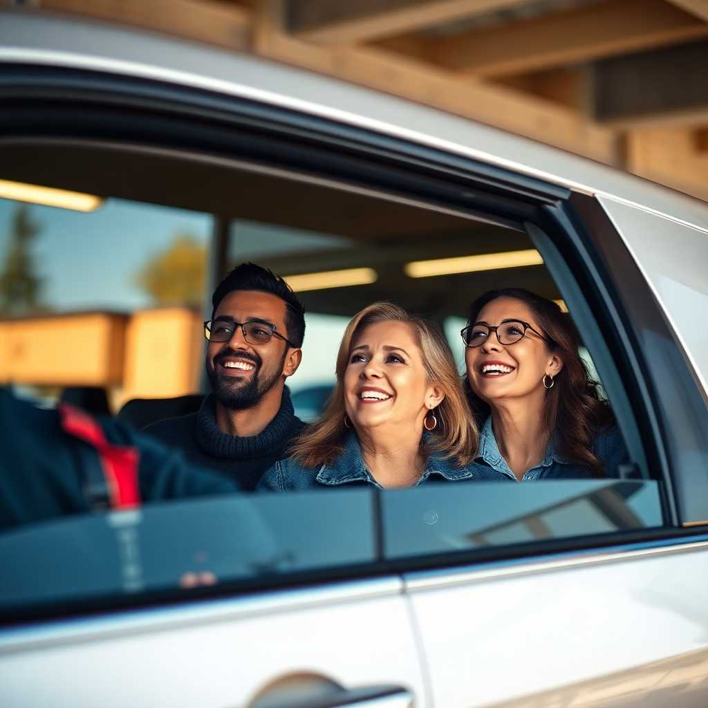 Smiling customers admiring their newly tinted windows